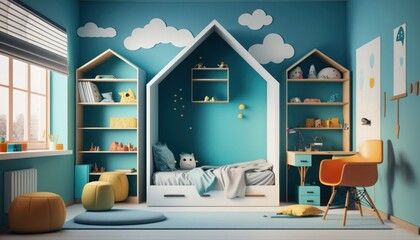 Cute kids children's room with shelves, chairs, bed and windows, generative ai