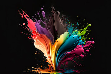 Exploding liquid paint in rainbow colors with splashes