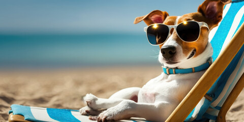 Fototapeta jack russell terrier dog with sunglasses sunbathing on sun lounger. summer and vacation concepts. generative ai obraz