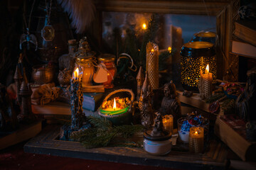 Illustration of magical stuff....candle light, magic wand, book of spells dark background, magic school, dark aesthetic, Halloween time