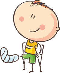 Illustration of cartoon doodle kid with broken leg.