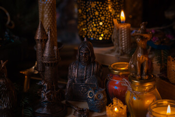 Illustration of magical stuff....candle light, magic wand, book of spells dark background, magic school, dark aesthetic, Halloween time