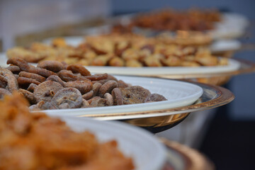 Dried fruits: figs and apricots at moroccan market in Marrakesh.