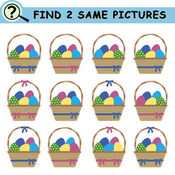 Find same pictures with easter eggs and baskets. Educational logical game for children. Vector illustration.