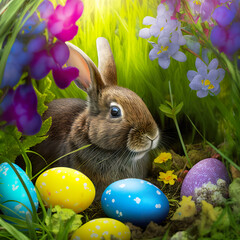 Easter bunny hides colourful easter Eggs in a garden
