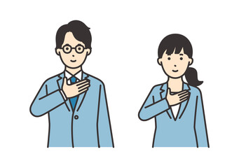 胸に手を当てるスーツを着た女性と男性のイラスト素材セット