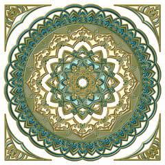 マンダラアート(宝飾品風、金、青、レリーフ)