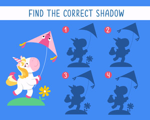 Find correct shadow. Puzzle for kids. Activity, vector illustration. Cute isolated unicorn play with kite.