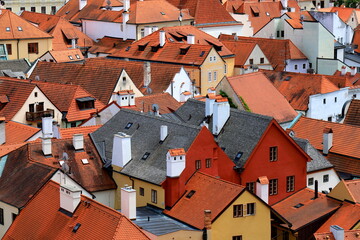 Red tiled roofs, luxury historic property in Europe, vintage real estate. Prague, Czech Republic,...