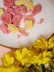 chocolates are broken into small pieces and laid out on a plate