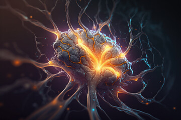 Neurological, neuron brain cell, stem cells, disease, firing neurons on dark background, nervous system illustration Generative AI