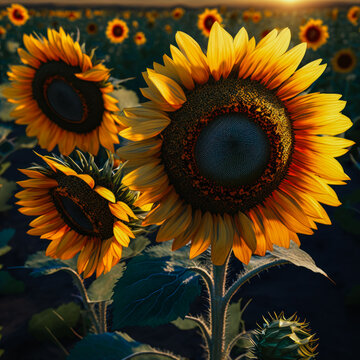 pretty sunflowers in spring with sun generative ai