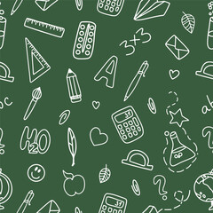 Seamless pattern of school supplies on a green background. Back to school. Vector doodle illustration