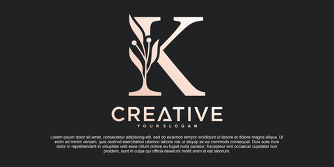 Initial letter K with Beautiful floral alphabet monoline logo design Premium Vektor