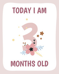 3 months Birthday party invitation with flowers. Greeting card template. Vector illustration.