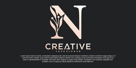 Initial letter N with Beautiful floral alphabet monoline logo design Premium Vektor