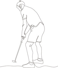 One line drawing of young golf player swinging golf club and hitting ball. Relax sport concept. Tournament promotion design vector graphic illustration