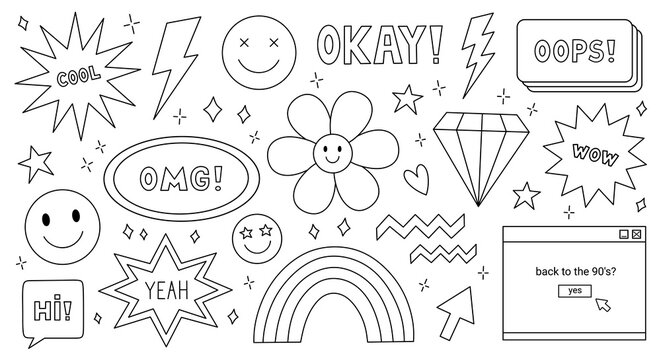 A set with graphic elements of the 90s. Smiling faces icons, lightnings, diamonds, stars and speech bubbles with the text Yeah, Oops, Cool, Wow. Vector hand-drawn illustration in doodle style.