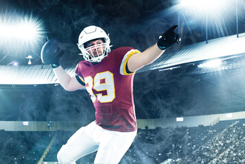 American football player on stadium in action. Template for a sports magazine on the theme of...