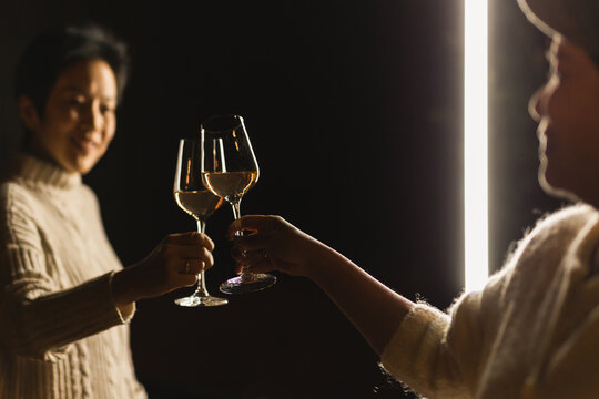 Happy smiling woman hand clicking glasses of wine celebration concept.