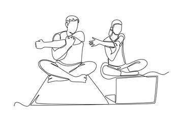 Single one line drawing couple taking part in an online yoga class session. Class in action concept. Continuous line draw design graphic vector illustration.