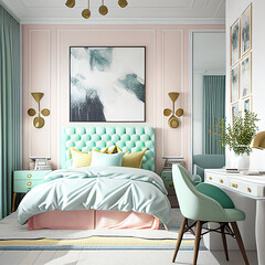 interior of a bedroom in pastel colors