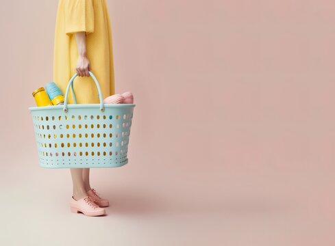 Creative Pastel Supermarket Shopping Concept, Woman Going To Get Basic Groceries For Her Family. Full Basket. It Is Time For A Big Purchase Of Groceries. Generative AI.