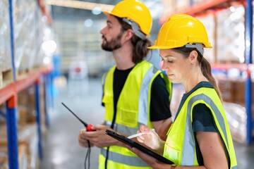 Warehouse worker standing check stock quantity of product and key information to tablet pc