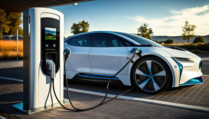 EV futuristic sport car charging with charger at electric charge station, Generative AI