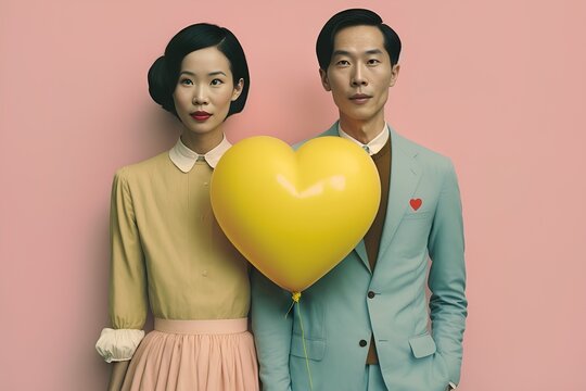 A couple who are happy in love and have a matching outfit of pastel colors. Love that lasts forever. Young people holding a heart shaped balloon. Generative AI.