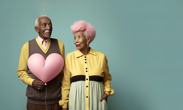 A married couple of pensioners who are happy in love and have a matching outfit of pastel colors. Love that lasts forever. Grandparents holding a heart shaped balloon. Generative AI.