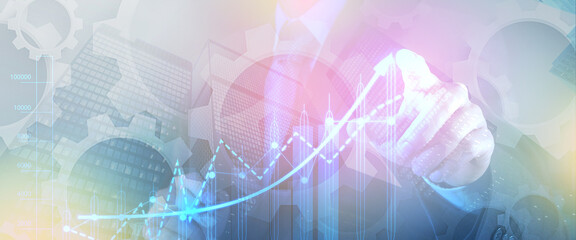 Banner of economy finance concept.  business, human and work relationship. economy codes and graphs, virtual currency.