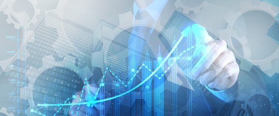 Banner of economy finance concept.  business, human and work relationship. economy codes and graphs, virtual currency.