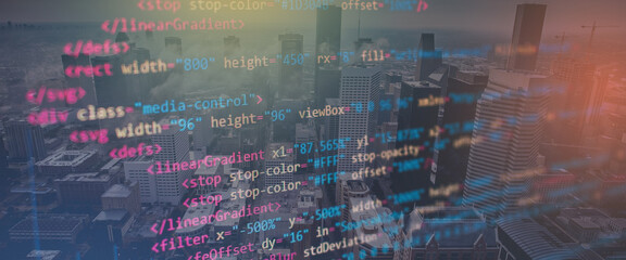 Banner of economy finance concept.  business, human and work relationship. economy codes and graphs, virtual currency.