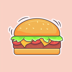 Burger Vector Illustration. Fast Food Collection. Food Icon Concept. Flat Cartoon Style Burger Illustration Suitable for Menu, Delivery, Web Landing Page, Banner. Cartoon Style Sticker Illustration.
