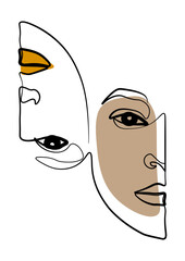  Continuous line, drawing of set faces and hairstyles, fashion concept, woman's beauty, minimalist, vector illustration, pretty sexy. Take care of yourself.