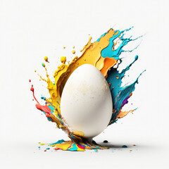Obraz na płótnie Canvas Splash of bright paint on a white egg on a white background. generative AI
