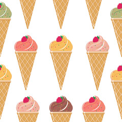 Seamless pattern of ice cream in a waffle cone. Vector illustration isolated on a white background.
