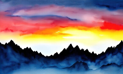 Fototapeta na wymiar Silhouette of winter mountains, sunset, illustration in watercolor style. AI generative.