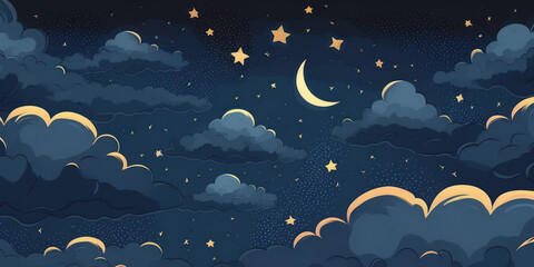 ciel étoilé avec nuage et croissant de lune, ton de bleu, jaune, mauve
