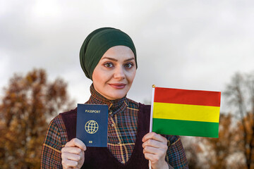 Muslim Woman Holding Passport and Flag Bolivia
