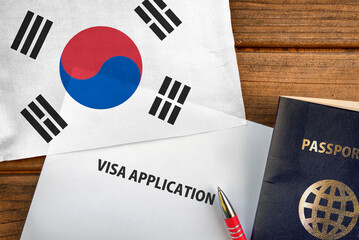 Visa application form, passport and flag of South Korea
