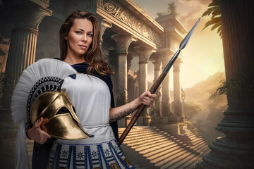 Artwork of brave warlord warrior with spear looking at camera.