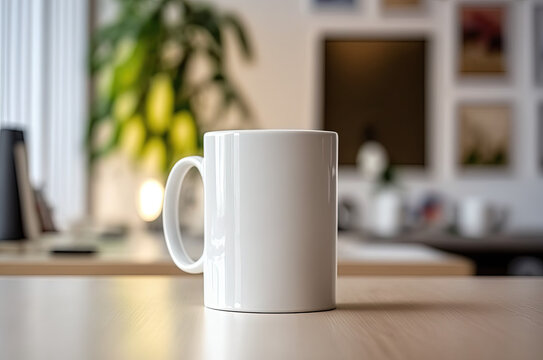 White mug on table and modern room background. Generative AI.