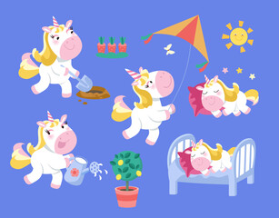 Cute isolated set of unicorns in garden. Horses dig, water the flowers and play with kite, sleep. Cartoon animal characters for design. Vector illustration.