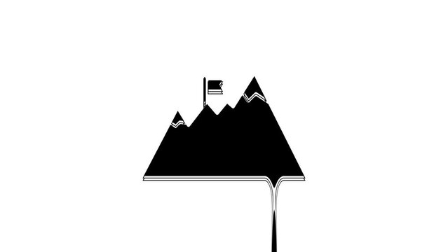 Black Mountains with flag on top icon isolated on white background. Symbol of victory or success concept. Goal achievement. 4K Video motion graphic animation