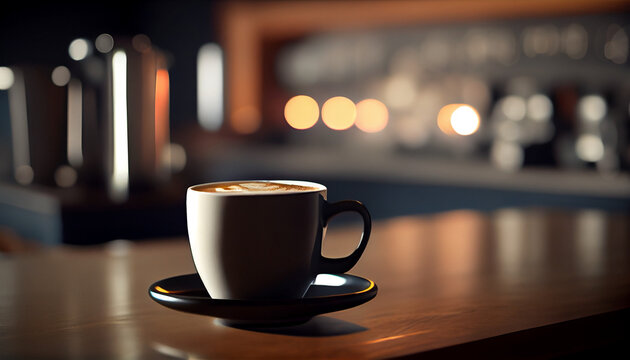 White cup of coffee on table in Coffee shop blur background with bokeh image. VINTAGE TONE, ai generative