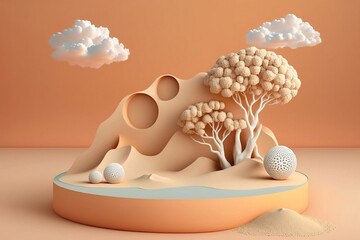 Obraz na płótnie Canvas 3D Podium with corals and shell on sand and back with with clouds.