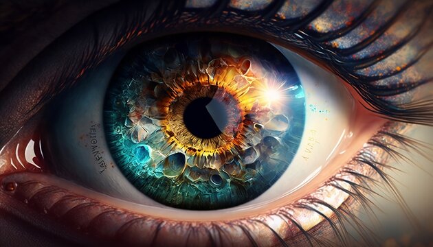 gros plan d'un oeil bleu et jaune, g&eacute;n&eacute;r&eacute; par IA