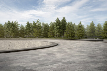 Empty curved concrete path with meadow and tree. 3d rendering of abstract space with sky background.